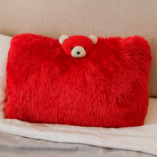Image of Plush Teddy Bear Decorative Pillow, Red, Soft Furry Design