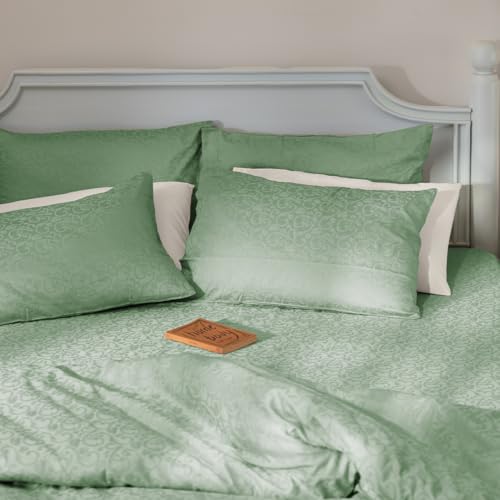 Image of Blue Dahlia 100% Cotton, Queen Size Elastic Fitted Bedsheet (60 inchx78 inch) + 2 Pillow Covers, Fits Upto 10 inch Mattress, 300TC Premium Bedsheet, Blooming Coral Jacquard Pattern - Sage Green