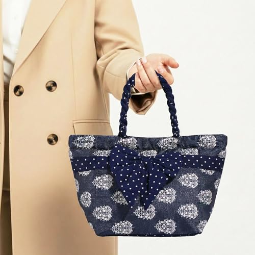 Image of Kuber Industries Cotton Dot Printed Bow Hand Bag with 3 Compartment and Zipper Clouser | Multipurpose Women Hand Purse Bow Design for Office | Blue