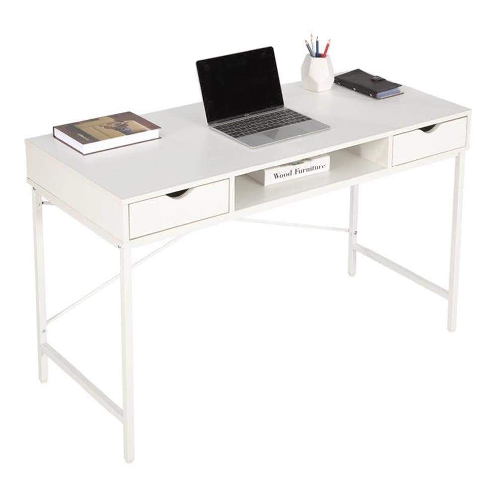 JJS 48' Writing Desk with Drawers, Contemporary Home Office Large Computer Laptop Workstation with Storage, White Drawer