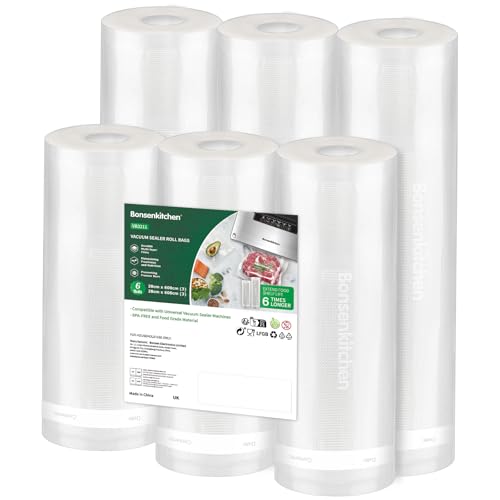 Bonsenkitchen 6 Packs Vacuum Sealer Rolls Bags 3 Rolls 28 x 600cm + 3 Rolls 20 x 600cm Storage Bags Durable Commercial Customized Size Food Bags for Food Storage and Sous Vide Cooking VB3211