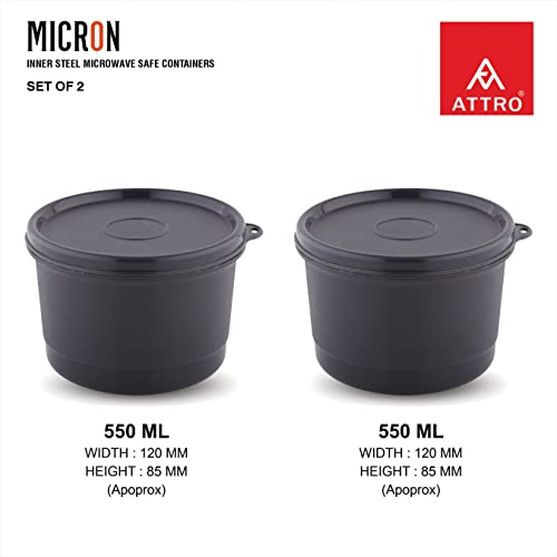 Image of ATTRO Set of 4 Micron Stainless Steel Double Wall Storage Containers Airtight & Leak Proof Containers for Office Use, School, Picnic, 550ml -Black