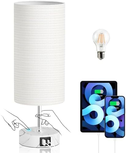 LuxeBeam 3-Way Dimmable Bedside Touch Lamp - USB-C and USB-A Port...