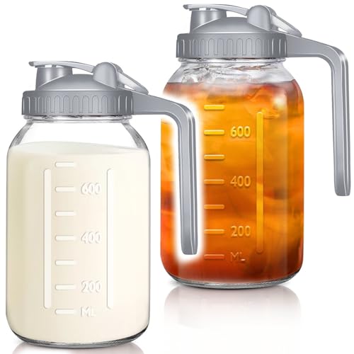 Image of Wide Mouth Mason Jars 32 oz with Pour Spout Lids, SNGKMSYG 1 Quart Glass Pitcher with Lid, Double Leak Proof Breast Milk Pitcher for Fridge, Coffee, Water, Iced Tea (Gray, 32oz, 2 Pack)