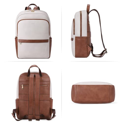 Cluci Leather Laptop Backpack For Women 15.6 Inch Computer Backpack Stylish Travel Backpack Airline Approved Work Daypack Bag Off-White With Brown #TOP6