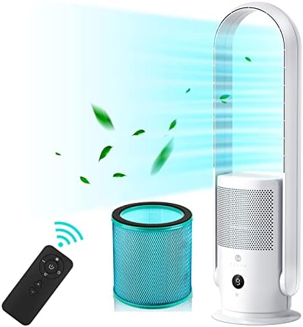 ULTTY Bladeless Tower Fan and Air Purifier in one, True HEPA Filter 99.97% Smoke Dust Pollen Dander, Oscillating Tower Fan with Remote Control R22, White