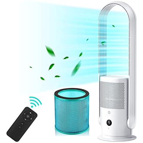 U ULTTY Bladeless Tower Fan and Air Purifier in one, True HEPA Filter 99.97% Smoke Dust Pollen Dander, Oscillating Tower Fan with Remote Control CR022D, White Cover
