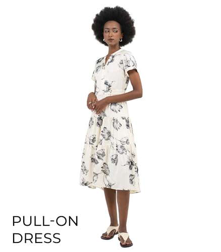 Womens Midi Dress Silk White V Neck Band Collar A Line Short Sleeves Pull On Work Office Business Casual2