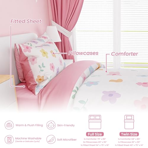 Image of SANDJEST Floral Comforter Set Full Size 98x86in for Kids Girls, Microfiber 4 Pieces Bedding Set Includes 1 Comforter, 2 Pillowcases, 1 Fitted Sheet, Nursery Room Decor