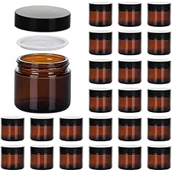 2oz Jars with Lids, Hoa Kinh 24 Pack Amber Glass Jars with Lids Empty Cosmetic Containers Round Airtight Glass Jar with Inner Liners and black Lid for Storing Lotions, Powders, and Ointments