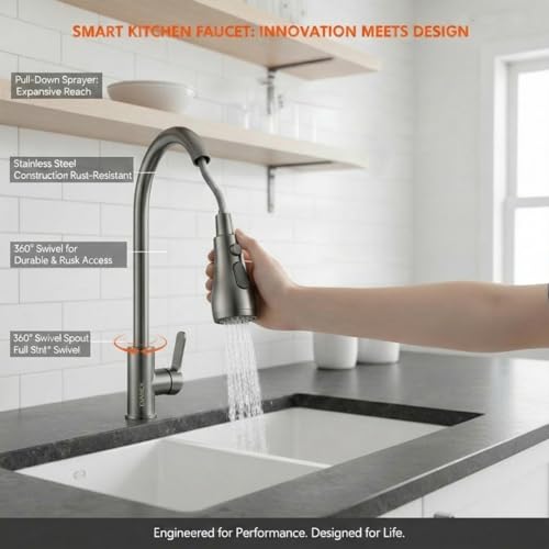 Image of EVANEX Kitchen Facuet | 304 Stainless Steel Pull Out Kitchen Faucet | 360 Degree Rotating Kitchen Tap for Sink | Water Saving Aerated Flow | Deck Mounted Sink Faucet