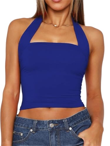 Image of TiulZial Women Sexy Halter Neck Backless Tank Top Open Back Sleeveless Slim Fit Y2k Summer Tops