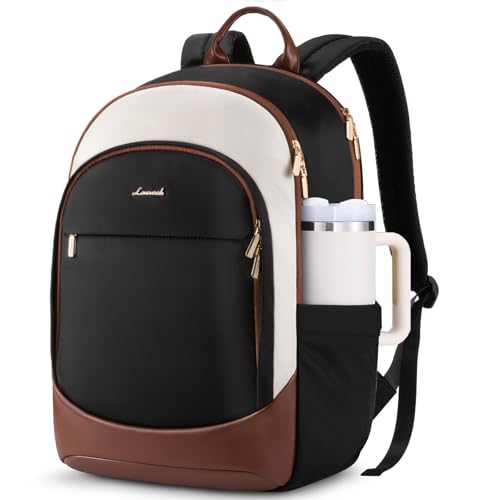 LOVEVOOK Travel Backpack for Women, 17.3 Laptop Backpack Women w/Large Tumbler Pockets, Water Resistant College Bookbag, Large Capacity Black Computer Backpacks for Work, Cream Brown