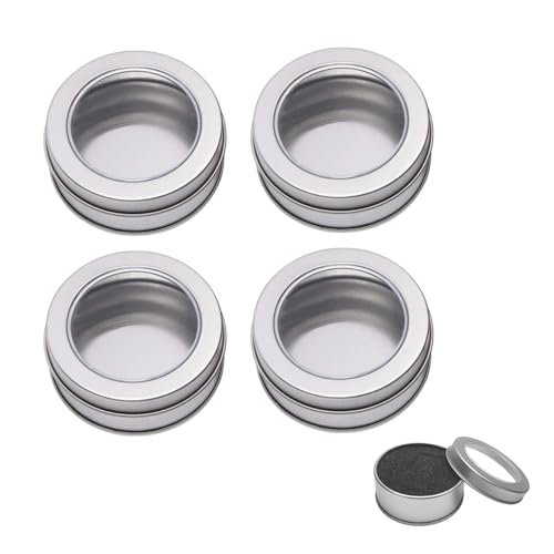 YKEBVPW 4Pcs 2oz Tins with Lids Small Round Empty Metal Tin Boxes for Candy Party Favors Crafts Balm Storage Containers for Spices Travel and More 2 Ounce Size with Clear Window Top