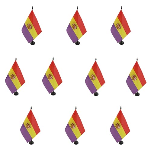 AZ FLAG - 10 banderas de mesa españolas republicanas con escudo de 21 x 14 cm, 10 banderas pequeñas España republicana de oficina, 100% poliéster con mástil de 25 cm y base de plástico negro
