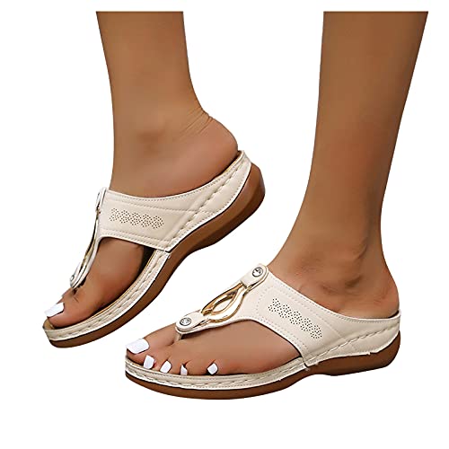Aniywn Casual Wedge Sandals for Women, Summer T-Straps Summer Beach Sandals Vintage Bohemia Platform Thong Sandals Beige