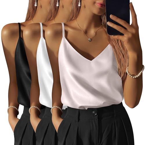 Image of 3 Pack Women's Silk Satin Camisoles V Neck Tank Tops | 95% Polyester, 5% Spandex, Adjustable Spaghetti Strap, Loose Blouse, Daily Wear, Sleeveless, Classic V Neck