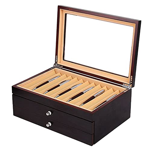 WindWilder Pennhållare låda med vitrinskåp för 34 pennor, svart träpennor penna display box med visningsfönster och flanelldyna, treskikts reservoarpenna organisatör låda trä penbox present, 31 × 21 × 12,5 cm