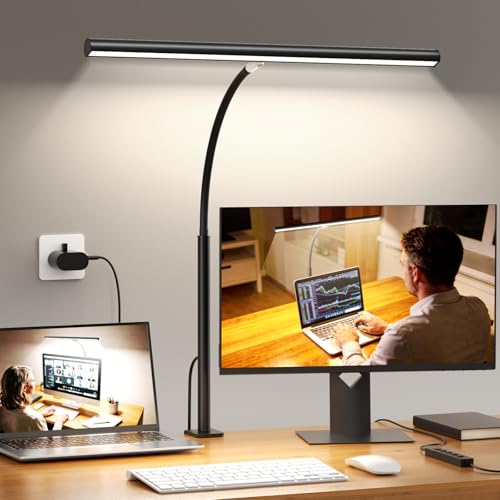 LED Desk Lamp with Clamp Desk Light for Home Office Eye-Care Dimmable Reading Light 5 Colors & 10 Brightness Flexible Gooseneck Timer & Memory Function for Craft & Nail Adapter Included
