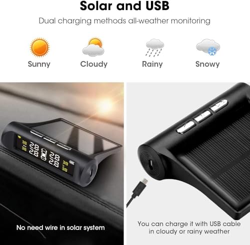 Skypearll Car Tire Pressure Monitor Systems with Clock, Solar Power and USB Charge, 4 External Sensors PSI and Temperature Safety Alarm Display, TPMS for Cars