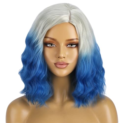 Image of BERON Women Platinum Ombre Blue Wigs Short Curly Wave Wigs Side Part Shoulder Length Wavy Heat Resistant Synthetic Wig Cosplay Costume Party and Daily