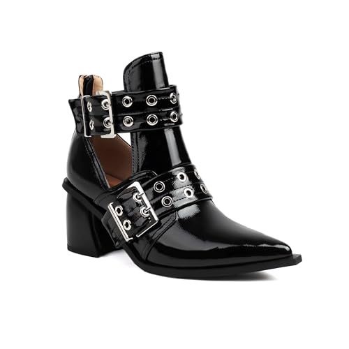 AIJIVOU Women's Cutout Double Buckle Strap Booties Pointed Toe Chunky Block Heel Sandals with Back Zipper Summer Ankle Boots Dressy Heeled Sandal