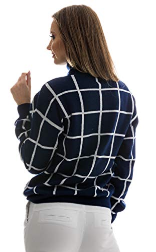 Pulôver feminino de manga comprida com gola rolê de lã merino italiano da Knitton, Navy Square Patte