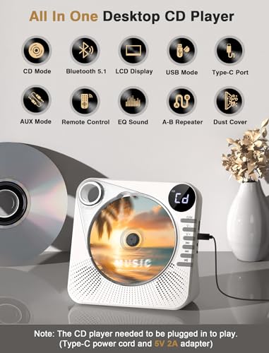 Image of CD Player Bluetooth with HiFi Dual Speaker,Desktop CD Player for Home with Remote Control,Dust Cover,LCD Display,Sleep Timer,EQ Sound,USB /AUX,Kids,Gift,White