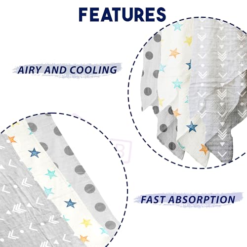 Image of BEMBIKA Bamboo Muslin Swaddle Wrap Baby 120X110 Cm Stroller Blanket Receiving Blanket for Newborn, Multicolor (Pack of 3)