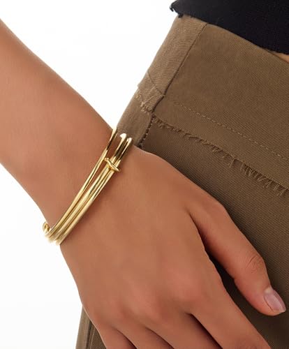 Stackable Bangle Bracelets for Women 14K Gold Plated Triple Interlocked Bangle Stainless Steel Bracelets Classic Plain Non-Tarnish Jewelry Gift for Women
