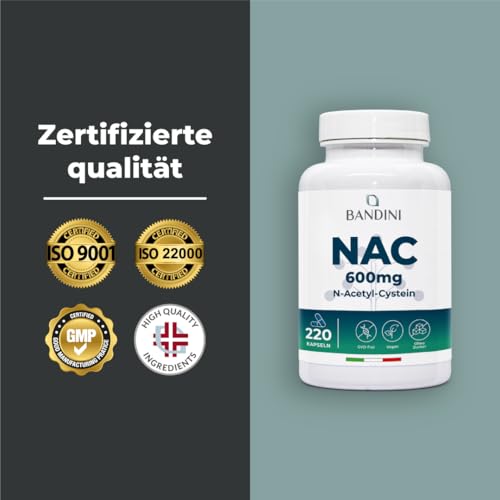 Bandini® NAC N-Acetyl L-Cystein | 220 Kapseln - 600 mg (Mehr als 7 Monate Vorrat) | Glutathion Vorläufer, Natürliche Antioxidantien, 100% Reine N Acetyl Cystein Aminosäuren | Hochdosiert, Vegan