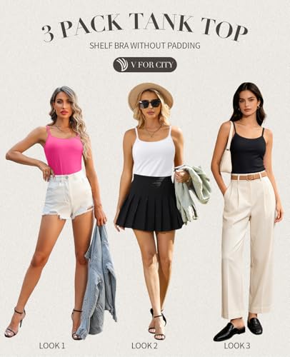 Image of V FOR CITY Unpadded Tank Top for Women with Shelf Bra Cotton Camis 3 Pack