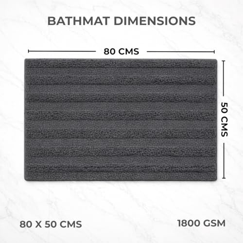Image of Premium Combed Cotton Tufted Bathmat 50 x 80 cm, 1800 GSM Soft Absorbent Anti Skid Bathroom Floor Mat with Latex Backing, Quick Dry Non Slip Bath Rug for Shower & Daily Use, Stripes Grey