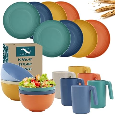 22 pcs Wheat Straw Dinnerware Set,Unbreakable Plastic Dish Set - Dinner Plates Cereal Bowls Cups, for Apartment Basics, Outdoor Camping - Multi color Cover