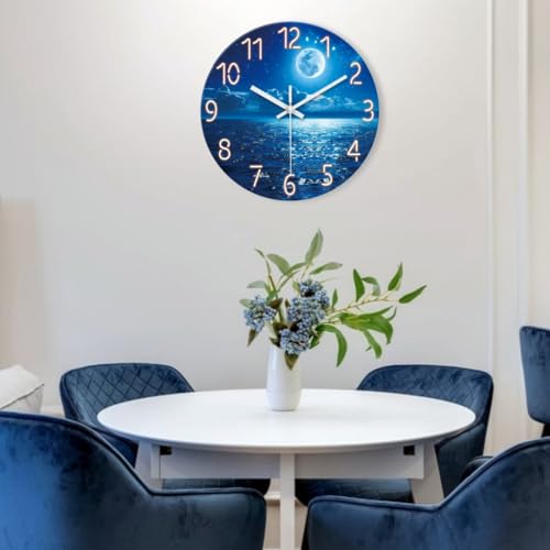 Image of XFM Blue Glass Wall Clock Battery Operated 14 Inch Moon Ocean | Silent Non Ticking Round Analog Modern Nature Decorative for Kitchen Bedroom Bathroom Decor