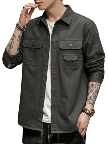 Image of SMOWKLY Men's Casual Shirt Jacket for Men | Lightweight 100% Cotton Overshirt | Full Sleeve Utility Shacket with Pockets | Stylish for Everyday Wear | Full Sleeve Button Down Shirt