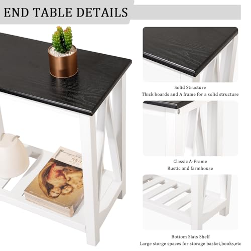 FEUFOAM Farmhouse Beistelltisch Holzrahmen Schmaler Beistelltisch mit Ablagen Schwarz Weiß Rechteckig Nachttisch Sofatisch für Couch, Kleine Räume, Wohnzimmer, Schlafzimmer – Bild 7