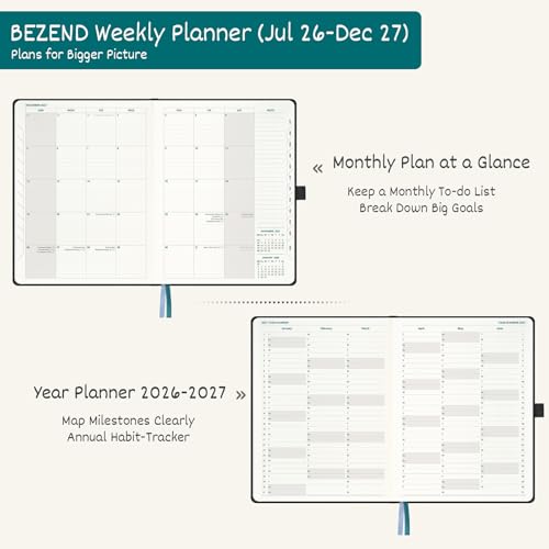 BEZEND Weekly Planner 2026-2027 (8.5" x 11") Horizontal Layout Notebook (Jul 26-Dec 27) 18 Months Academic Calendar & Monthly Tabs, Ideal for Students, Work & Home, PU Leather Hardcover -Olive - Image 4
