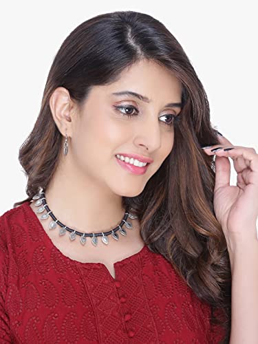 Image of Yellow Chimes Women and Girls Traditional Silver Oxidised Choker Jewellery Set - Black