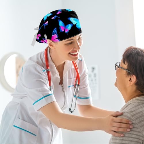 Image of Colored Butterflies Scrub Caps Women Ponytail, Adjustable Bouffant Surgical Caps with Button, Nurse Hats Long Hair