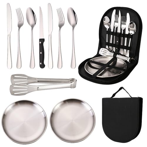 Portable Cooking Utensils Set, BESUNTEK Stainless Steel Camping Cookware Outdoor Cutlery Set with Carry Bag for Camping, Hiking, Travel and BBQ