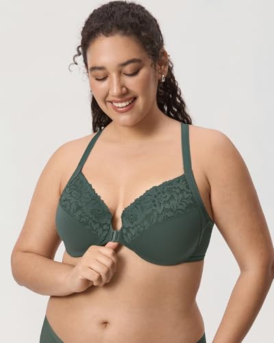 Image of DELIMIRA Women's Front Closure Racerback Bras | Plus Size, Full Coverage, Lace, Underwire, No Padding Unlined