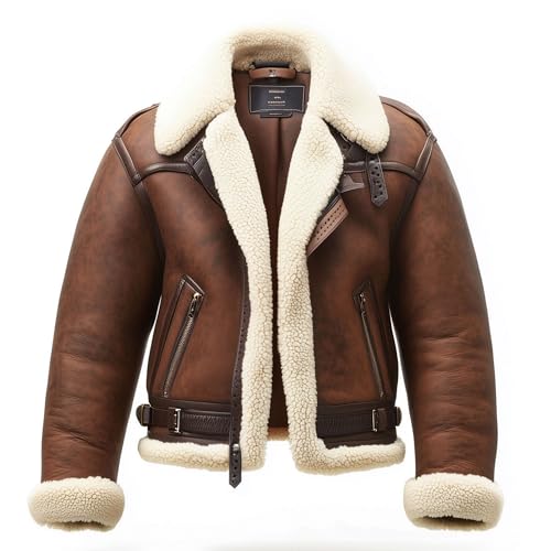 Image of The Next Shearling Brown Leather Jacket Genuine Luxurious Sheepskin Fur Leather B3 Bomber Leather Modern Aviator Jackets