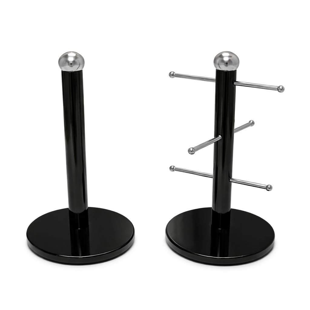 2 Pack Deluxe Metal Mug Holder & Tissue Roll Holder Set – Powder Coated Durable Steel Stand for Kitchen Countertop Storage – Space Saving Cup Stand & Paper Towel Holder – 15 x 35 cm (Black)