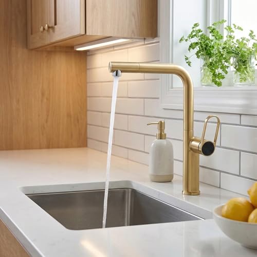Image of INART Matt Gold Kitchen Faucet - Brass Pull Out Sink Mixer Tap with Dual Flow Sprayer, 360 Swivel Spout & Hot Cold Water Control