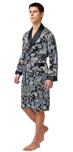 Image of TONY AND CANDICE Men's Satin Robe Lightweight Long Sleeve Silk Kimono Bathrobe with Shorts Set Sleepwear