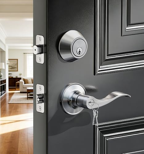 Veise Keyed Alike Front Door Lever, Exterior Door Lever & Single Cylinder Deadbolt Combination Set, Wave Style Entry Door Knob, Heavy-Duty Reversible Left/Right Handle for Bedroom Doors, Satin Nickel
