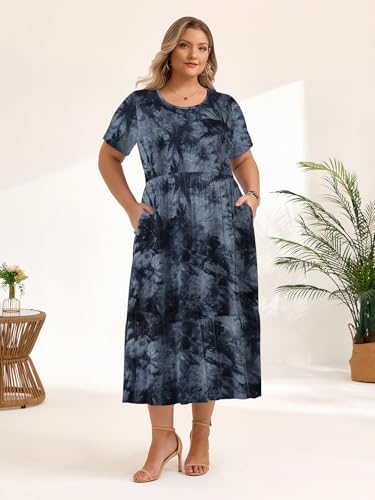 Image of LARACE Plus Size Dresses for Women Summer Casual Short Sleeve Long Dress Flowy Maxi Beach Dresses with Pockets L-6XL