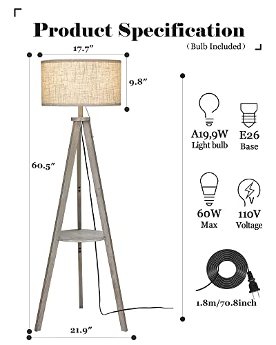 Elyona Tripod Floor Lamp For Living Room Rubber Wood Floor Lamp With Table - Farmhouse Shelf Tall Reading Standing Light With Drum Shade For Bedroom, Office, Study Room, 9W Led Bulb Included, Grey #TOP4