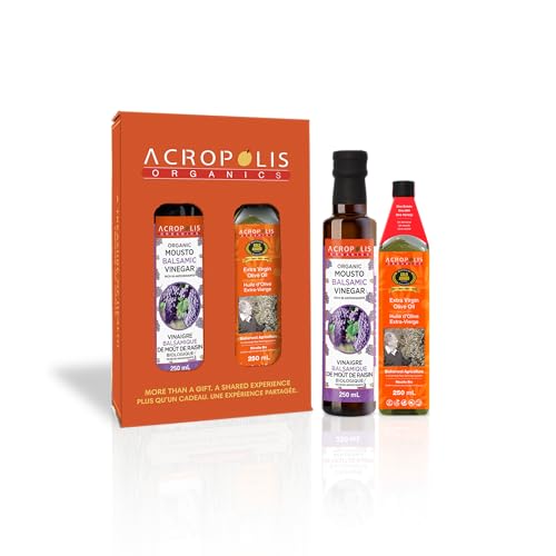 Acropolis Organics - Acropolis Organics Gift Box-Bio-Harvest Extra Virgin Olive Oil 250ml -Acropolis Organics Mousto Balsamic Vinegar 250ml - Polyphenols Rich, Subtle Peppery Finish, Premium Harvest, First Cold Pressed, Single Sourced, Family Made in Crete, Greece. Unrefined, Raw, Bottled on Site. Single Olive Variety (Koroneiki). Balsamic is traditionally crafted- Aged 6 years- Product of Crete, Greece- Non-GMO Certified, No Sugar/ No sweeteners added- Pure hancrafted- Perfect for Salads, Marinades and Dipping.